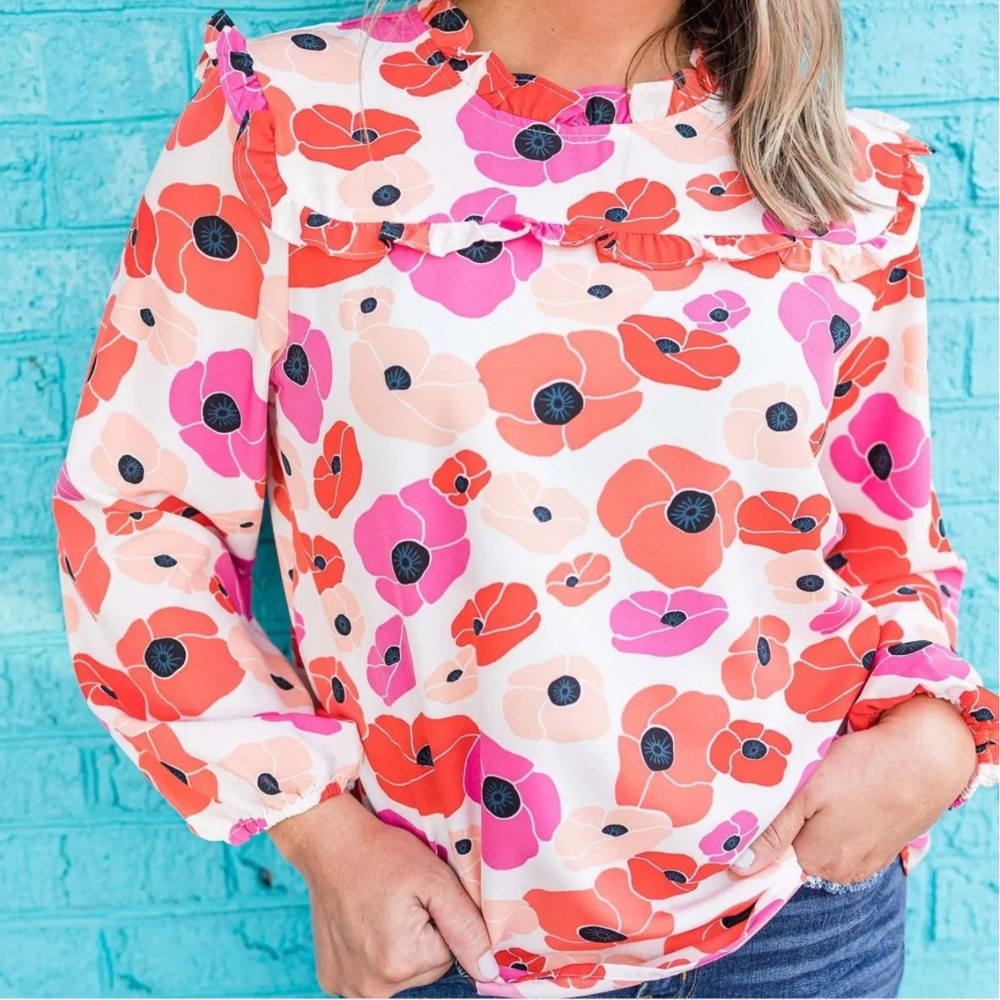 Michelle McDowell Womens Evans Top L Brighter‎ Days Floral Ruffle Smock Blouse